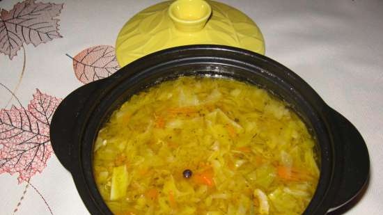 Duck cabbage soup with white beans (gas hob, ceramic saucepan)