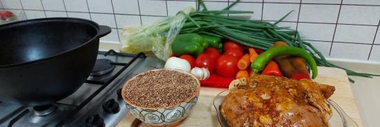 Buckwheat with vegetables and chicken in a cast-iron cauldron, baked in the oven (+ video)