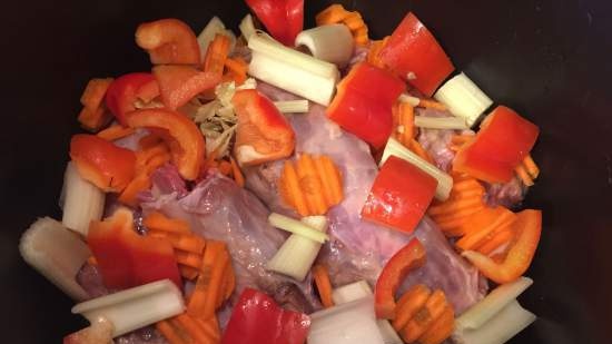 Beef tails with barley in a pressure cooker