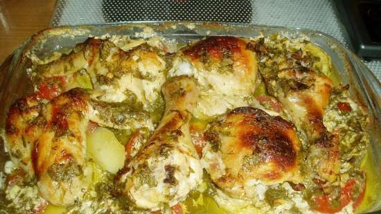 Pollo marinado en kéfir, al horno con verduras