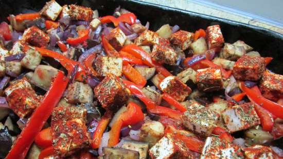 Baked vegetable stew with red onion