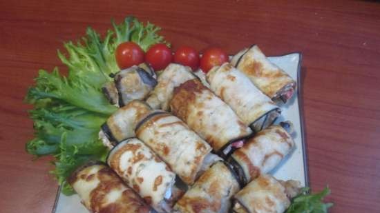 Eggplant rolls with mushrooms in pancake breading