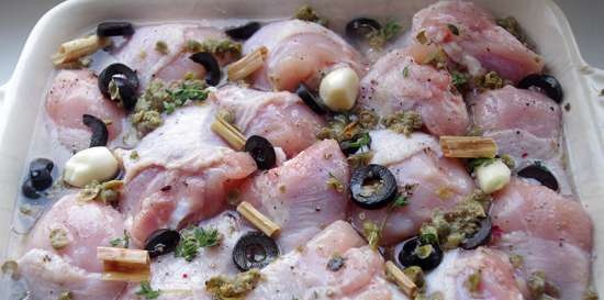 Chicken stewed with olives and capers