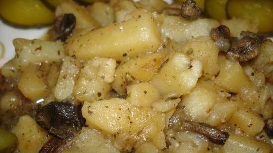 Potatoes stewed with mushrooms (lean dish) in a pressure cooker Polaris 0305