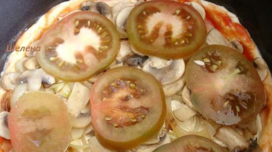 Pizza sobre una base fina de llevat amb bolets i ceba, cuita al mode 