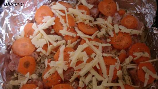 Vegetable casserole with mushrooms and minced meat on Porridge mode (pressure cooker Polaris 0305)