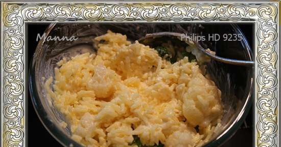 Rass casserole na may broccoli at cauliflower na may sarsa ng keso sa Philips HD9235 Airfryer