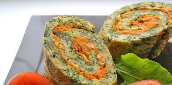 Snack spinach roll with carrots and mushrooms