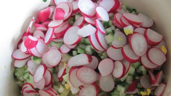 Okroshka with rhubarb broth