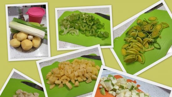 Mashed potato, celery and zucchini soup with basil