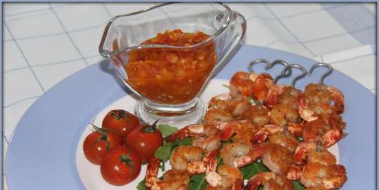 Gambes a la planxa amb salsa picant