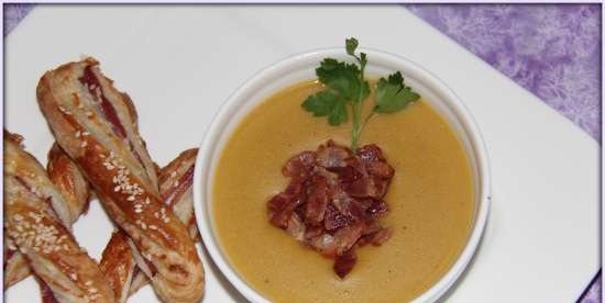 Sopa de lentejas con bacon y palitos de hojaldre con cerdo veteado (olla sopera Smile 3700)