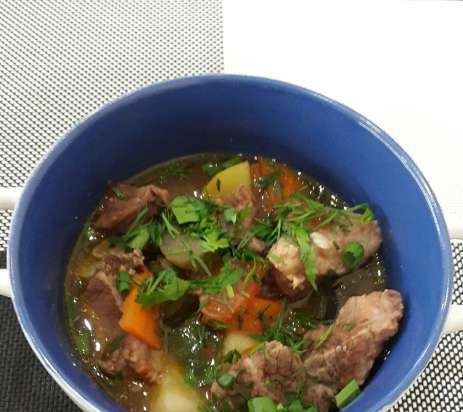 Pot of meat and vegetables with broth