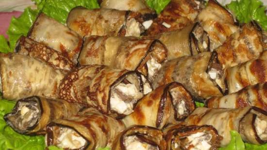 Eggplant rolls with mushrooms in pancake breading