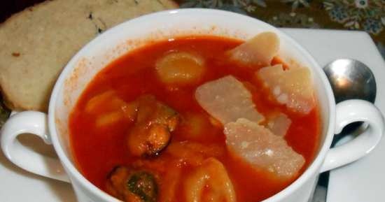 Tomato soup with dumplings and sea creatures