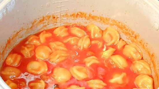 Tomato soup with dumplings and sea creatures