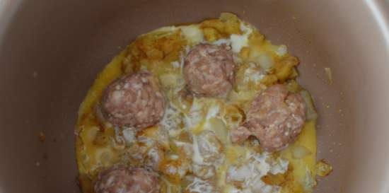 Pasta with apples, curry and meatballs (using the Brand 37501 multicooker)