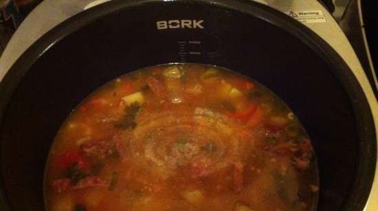 Bean soup with beef and smoked meat in a multicooker Bork U600