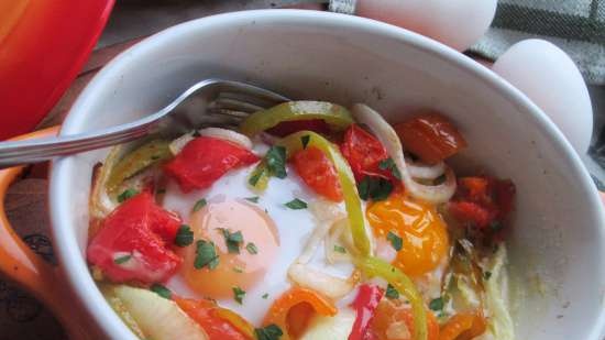 Mozzarella and feta baked with bulgarian eggs and vegetables