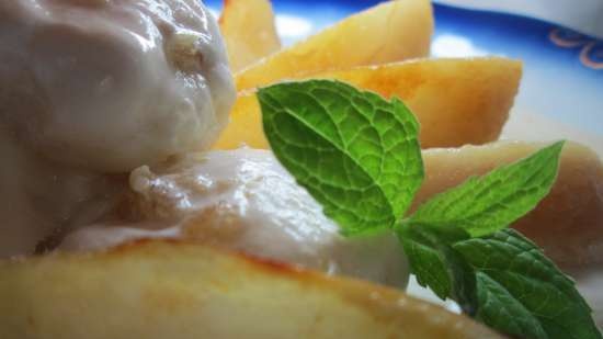 Saffron pears with caramel ice cream