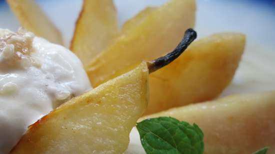 Saffron pears with caramel ice cream