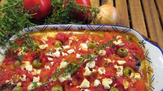 Aubergine bakt med tomater og feta