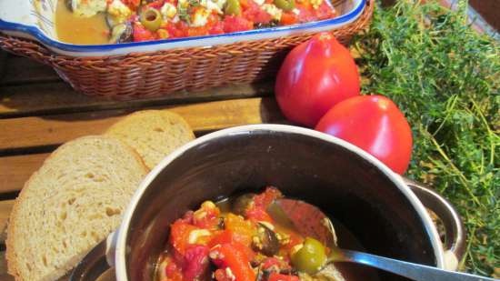 Aubergine bakt med tomater og feta