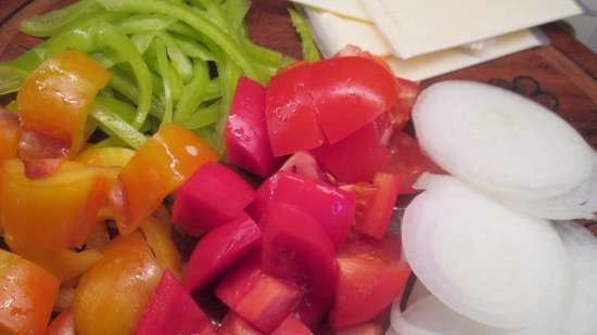 Mozzarella and feta baked with bulgarian eggs and vegetables