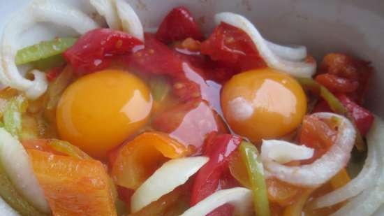 Mozzarella and feta baked with bulgarian eggs and vegetables