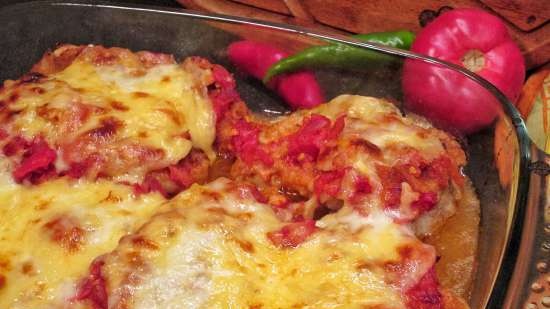 Pork chops baked with two cheeses