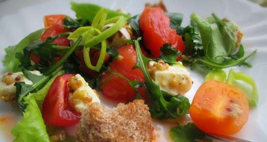 Insalata di salmone con formaggio al forno, verdure e due condimenti