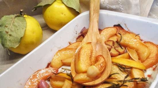 Quince baked with garlic and rosemary