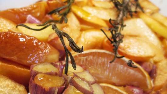 Quince baked with garlic and rosemary