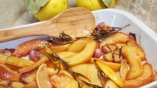 Quince baked with garlic and rosemary