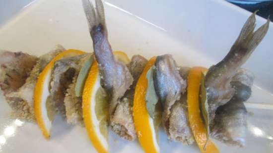 Filled sprat baked on skewers in Sicilian style (Sarde al beccafico)