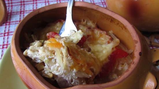 Pork baked with turnips and sauerkraut in pots