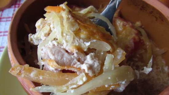 Pork baked with turnips and sauerkraut in pots