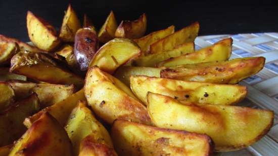 Gouden aardappelen gebakken in een boeket kruiden