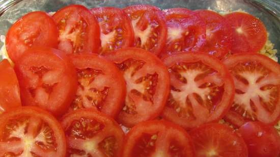 Zucchini-tomato casserole with cheese and bread crumbs