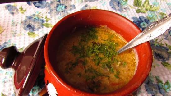 Zuppa di latte e funghi con zucchine e patate in pentola