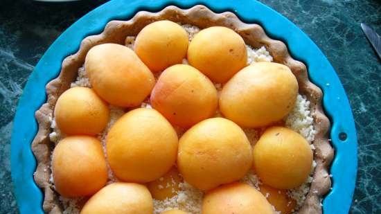 Buckwheat tart na may mga aprikot at streusel na may keso sa maliit na bahay