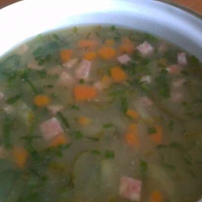 Cold pea soup with smoked meats