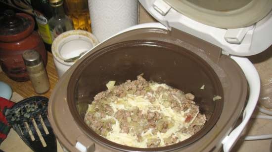 Casserole from mashed potatoes and minced meat in a multicooker Redmond RMC-01