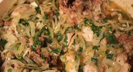 Chicken baked in white wine with green onions