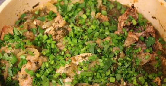 Chicken baked in white wine with green onions