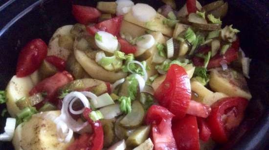 Pot of meat and vegetables with broth