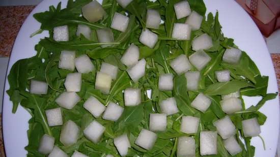 Insalata di melone, fichi e formaggio nobile (insalata di melone e crescione con condimento di miele e mandorle Marcona)