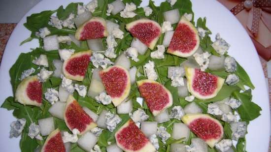 Insalata di melone, fichi e formaggio nobile (insalata di melone e crescione con condimento di miele e mandorle Marcona)