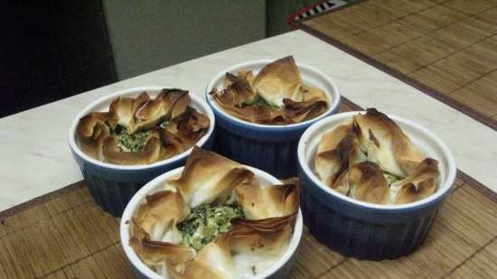 Filo dough baskets with feta cheese and spinach