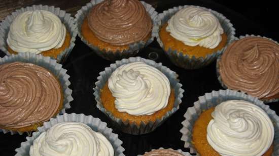 Carrot cupcakes with lemon curd and two types of cream